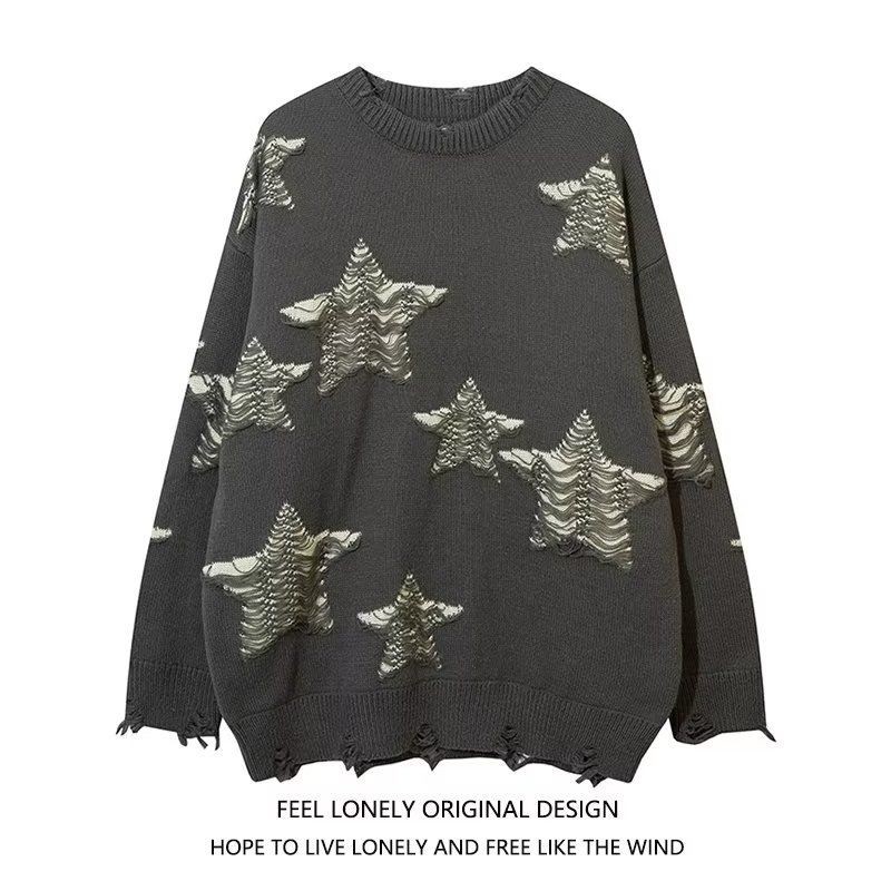 Five-Pointed Star Ripped Sweater Loose Design Sweater Men