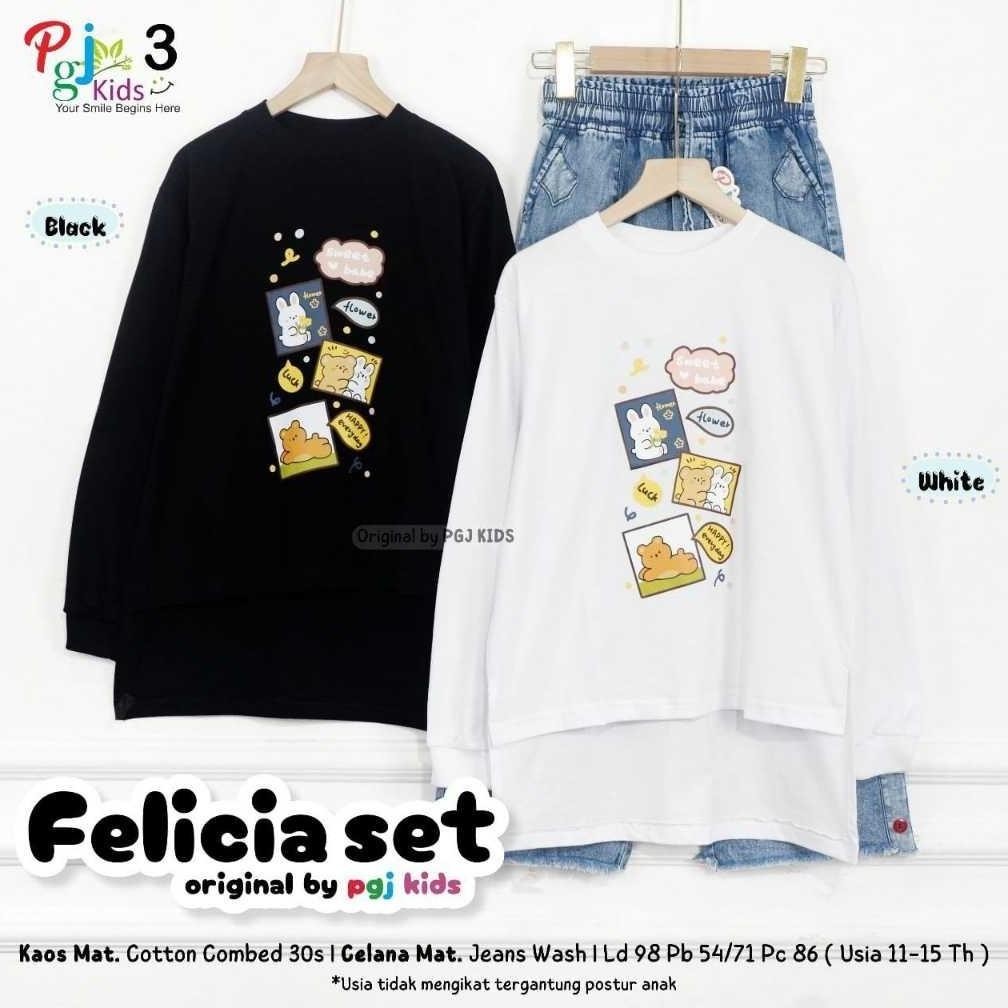 [ BISA ] FELICIA SET JEANS ANAK PEREMPUAN USIA 11 -15 TAHUN MOTIF LUCU / ATASAN MATT COMBAD 30S CELA