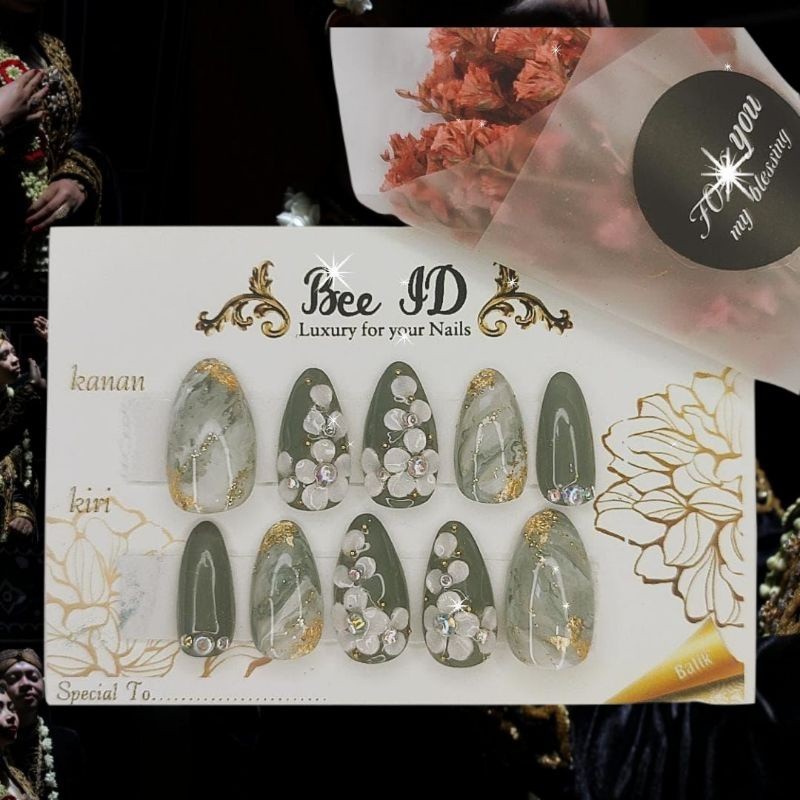 SAGE GREEN MARBLE ALMOND BISA GANTI WARNA 717 nail art Wedding kuku palsu pengantin Fake nails 3D ol