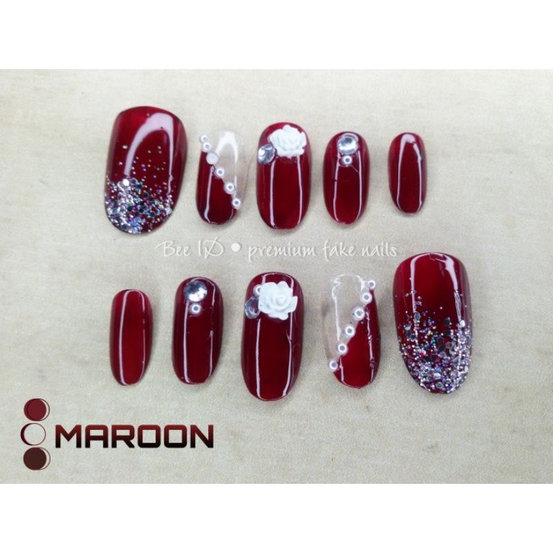 MAROON WEDDING NAIL ART FAKE NAILS KUKU PALSU MUTIARA HENNA MERAH RED SILVER PERNIKAHAN MUA