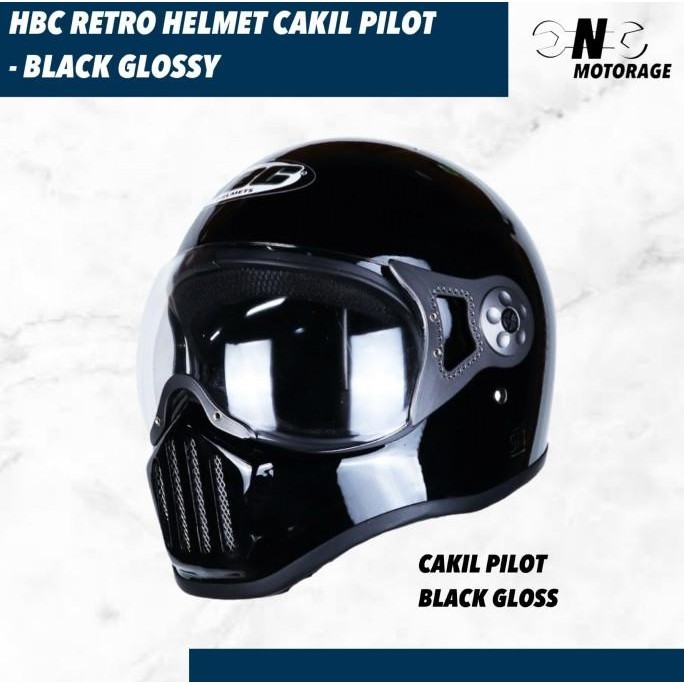 HELM MOTOR HBC CAKIL PILOT FULL FACE RETRO BLACK GLOSSY / HITAM GLOSS