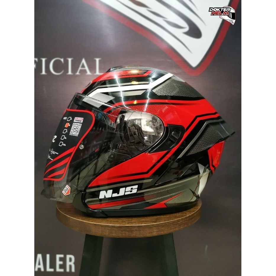 TERBARU HELM NJS KAIROZ MOTIF ZENITH BLACK RED GLOSSY HALF FACE DOUBLE VISOR