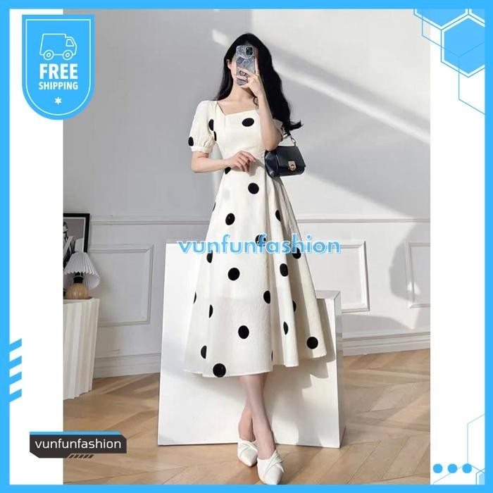 KOREAN DRESS TERBARU/ DRESS FARAH POLKA/ DRESS SIMPLE CASUAL DRESS/ DRESS PUTIH KOREA/GAUN PESTA WANITA MC BERKUALITAS 