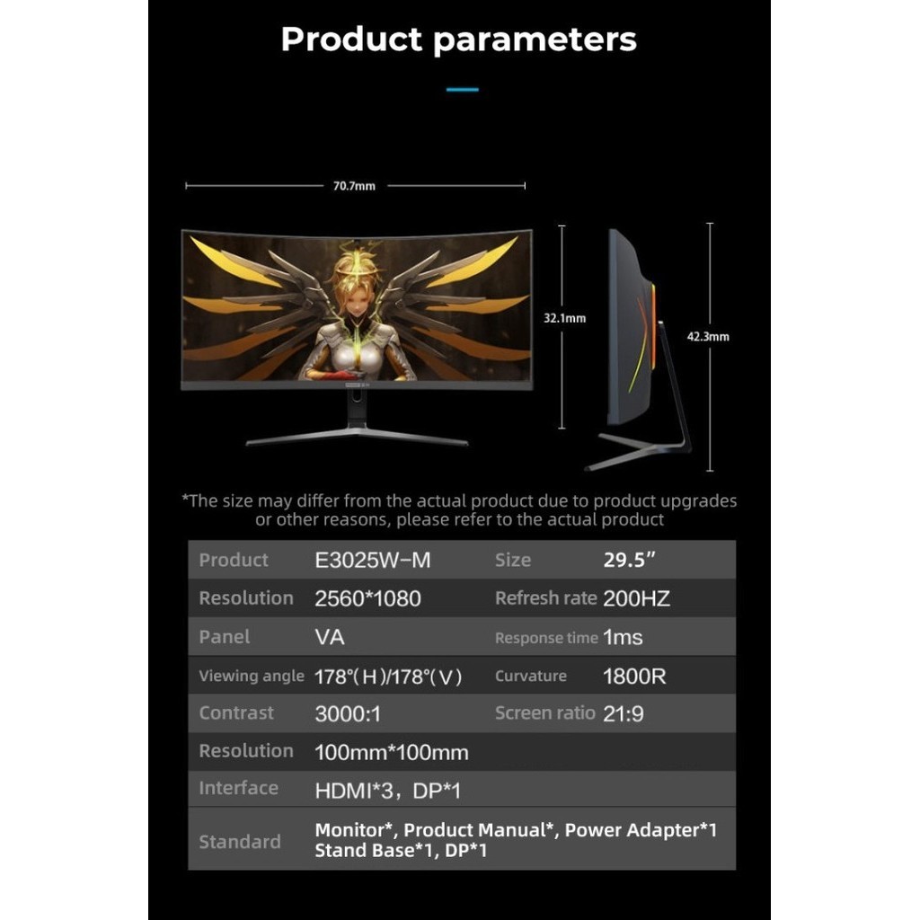 Ipason Curved Gaming Monitor E3025W-M 29.5-Inch 200Hz Freesync Fhd