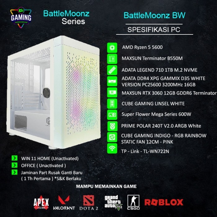 Pc Rakitan Ek Gaming Battlemoonz Bw - Ryzen 5 Rtx 3060 Enter Komputer
