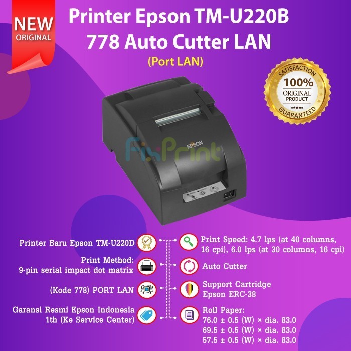 Printer Kasir Epson Tm-U220B 778 Tmu220B 778 Tmu-220B Auto Cutter Lan