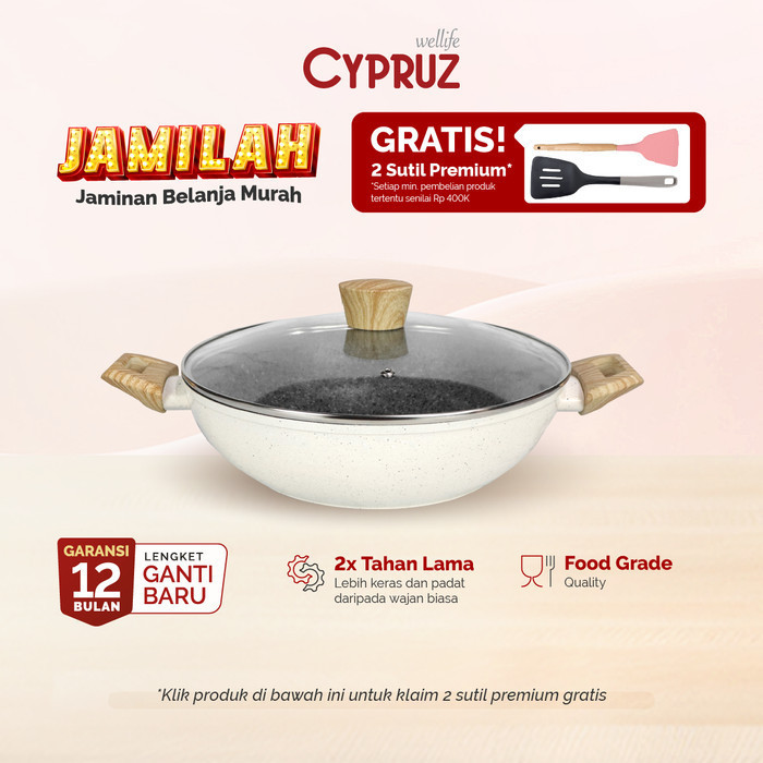 Cypruz White Granite Wok Pan / Kuali Tebal Anti Lengket + Tutup
