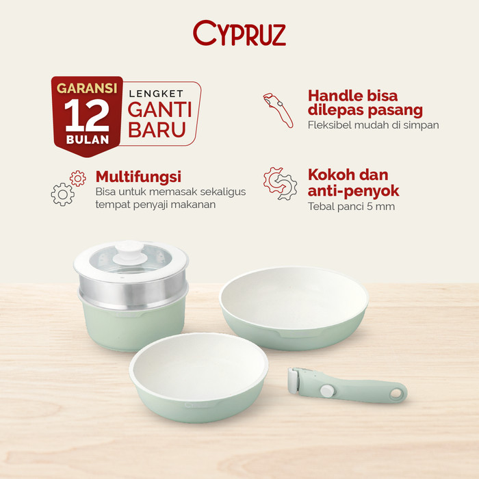 Cypruz Cookware Set Granit Wajan Anti Lengket 4Pcs Gagang Bisa Dilepas