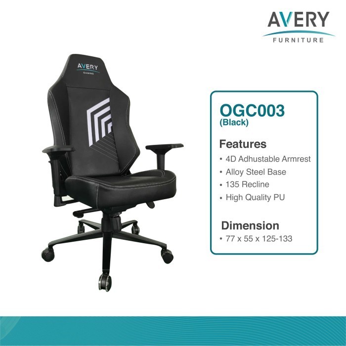 Avery - Ogc003 - Kursi Gaming Steel Premium Quality Back Support Black Termurah Terlaris Promo