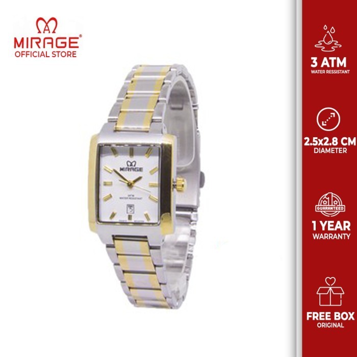 Mirage Jam Tangan Analog Segi Cewe Kombinasi Silver Gold 8545L Garansi