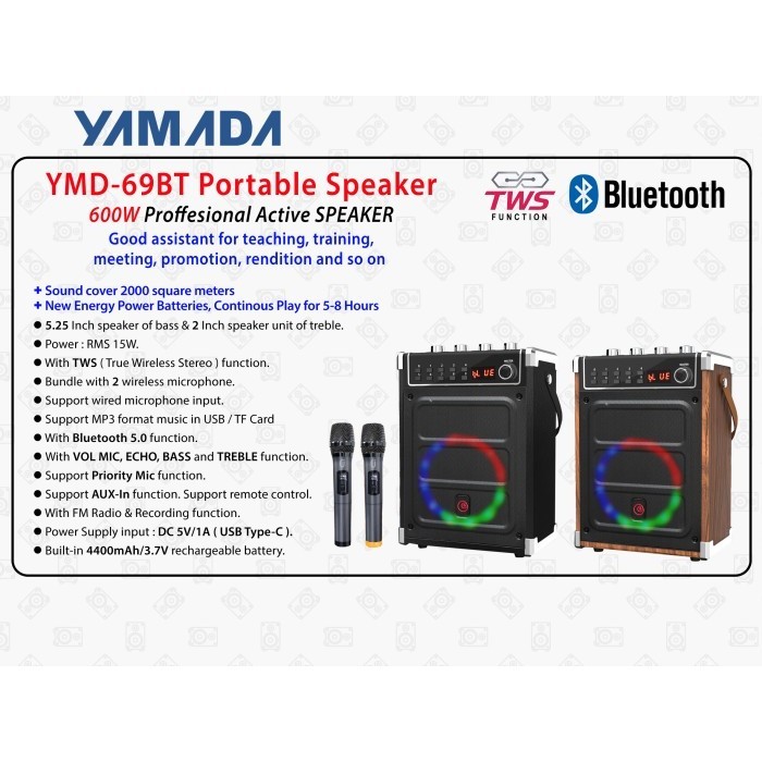 Yamada 69Bt Speaker Karaoke Bluetooth Dengan 2 Mic Wireless, Tws, Led Termurah Terlaris Promo