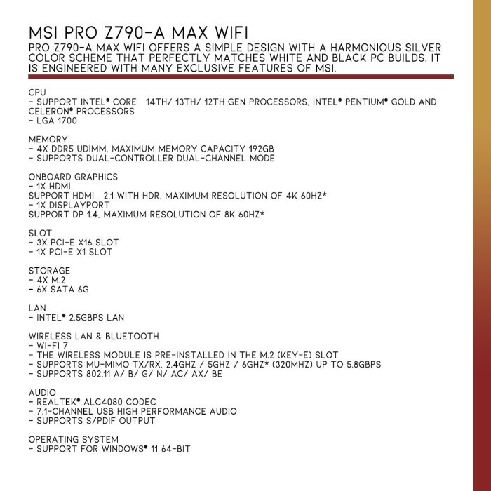 Msi Pro Z790-A Max Wifi Motherboard Intel Z790 Lga 1700 Ddr5 Atx