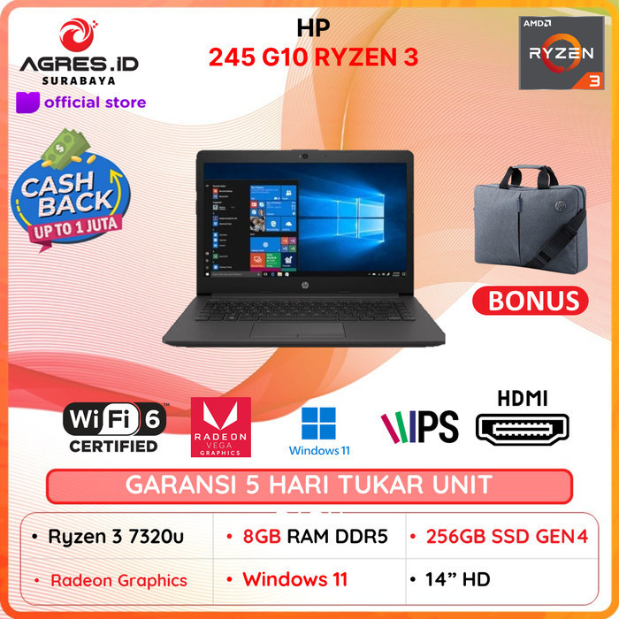 Hp 245 G10 Ryzen 3 7320 8Gb 256Gb Vega7 W11 14.0 Slim Bezel Blk
