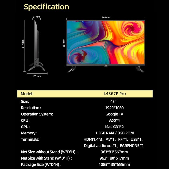 Google TvChiq 43 Inch Smart Tv Hdr10 Digital Tv (L43G7P Pro) Termurah Terlaris Promo