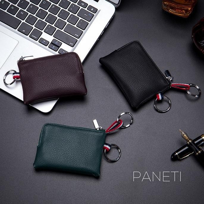 Dompet Koin Pria Paneti Ultra Thin Mini Zipper Pouch Kulit Asli