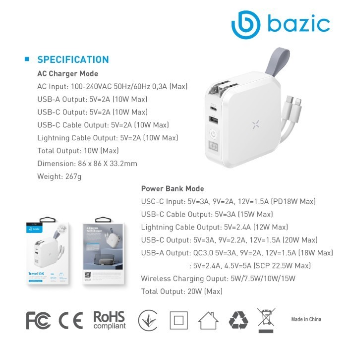 Wall Charger With Powerbank + Built-In Cable Bazic Goport Travel 10K