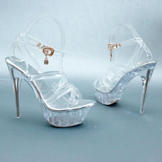 Ykshoes 1526 14Cm Heels Sepatu Hak Tali Tinggi X Strappy Clear Kaca Be