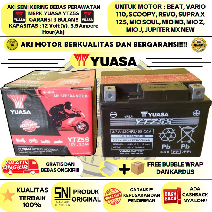 AKI MOTOR BEAT, VARIO 110, SUPRA X 125, SPACY, REVO, BLADE YTZ5S YUASA