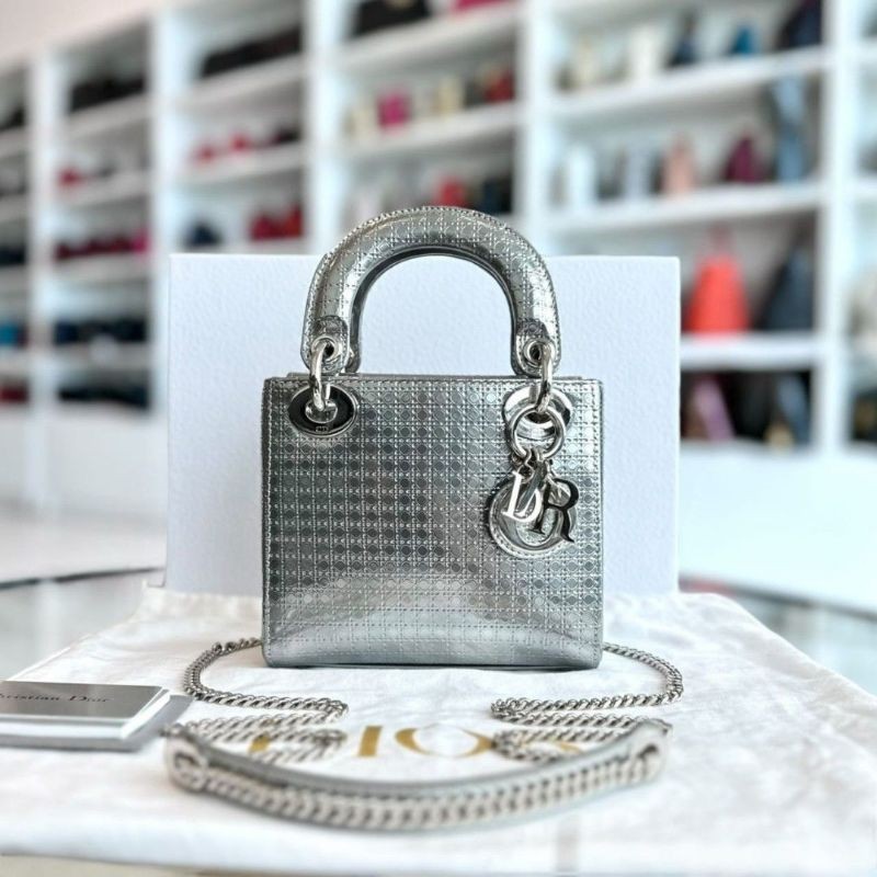 Dior Lady Mini Metallic Silver Chain Strap SHW Authentic