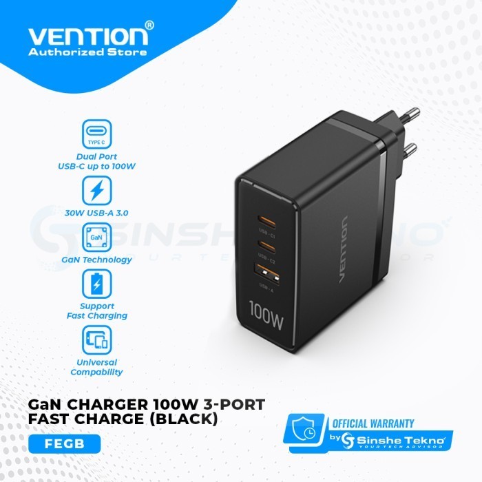 Vention Charger Gan 3 Port 100W Adaptor Fast Charge
