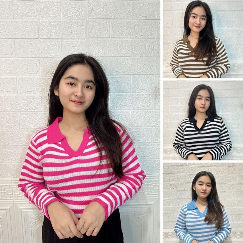 Kaos Kerah Rajut Wanita - T-Shirt Polo Vneck Salur Lengan Panjang