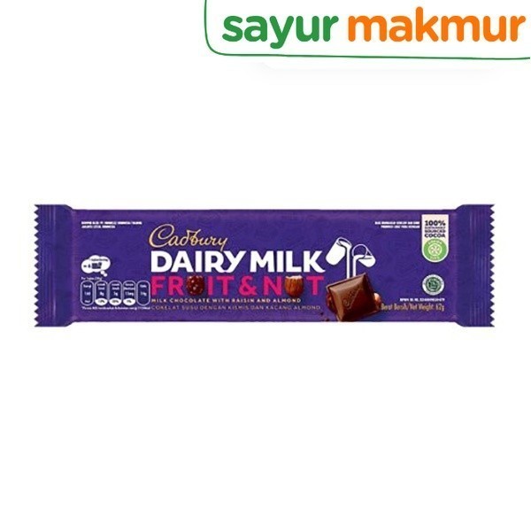 

Cadbury Chocolate Dairy Milk Fruit & Nut 62 gram Sayurmakmur