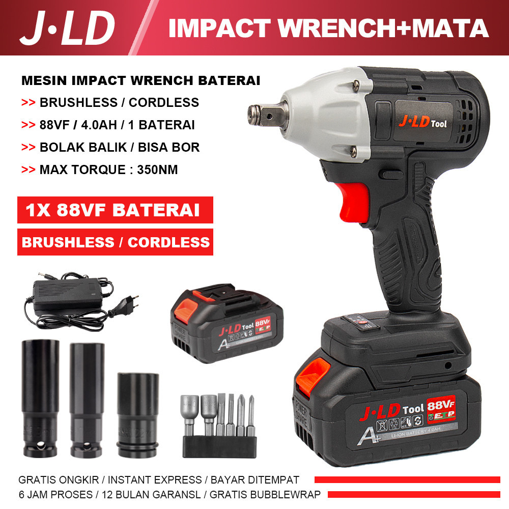 JLD Impact Wrench Brushless 350NM bor impact baterai Mesin Bor Baterai 88VF - jld tool impact BISA