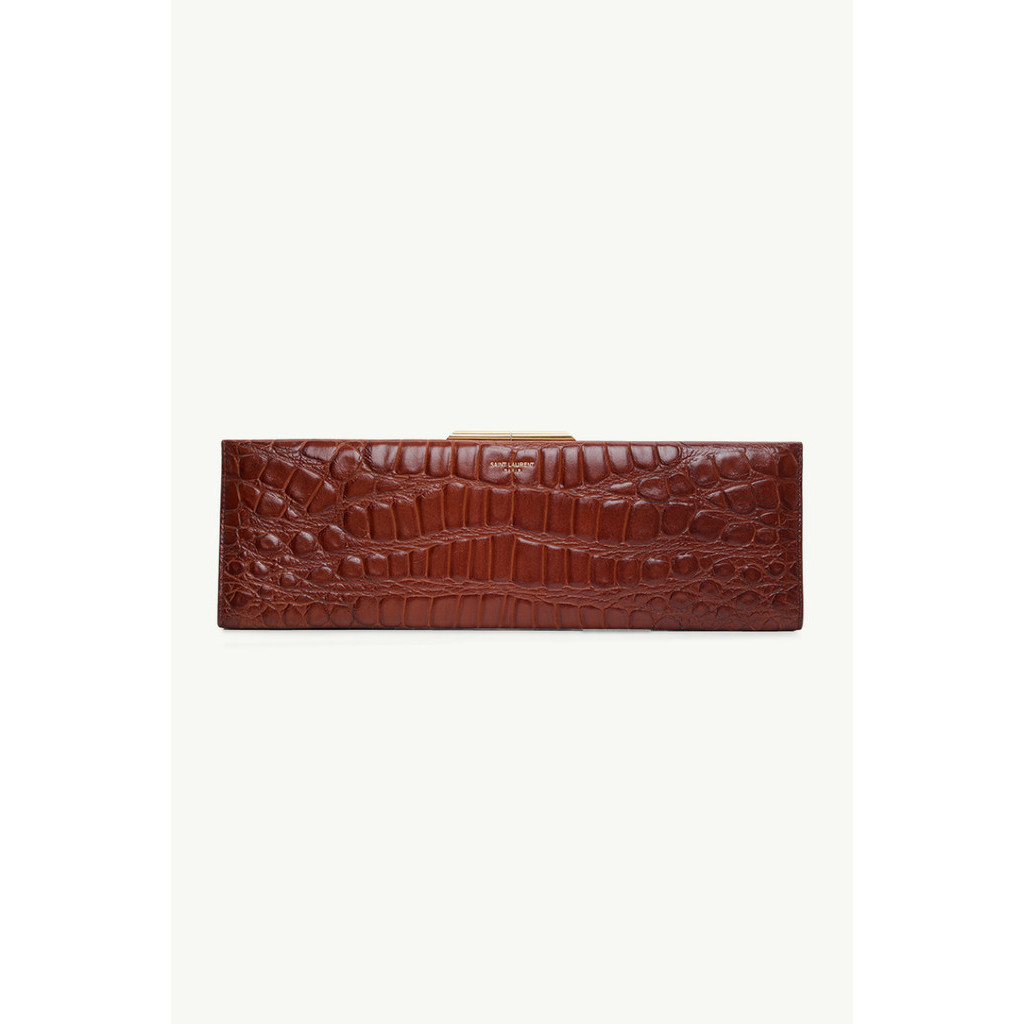 YVES SAINT LAURENT Large Midnight Slim Clutch in Caramel/Dark Caramel Croco Embossed Lacquered Leath