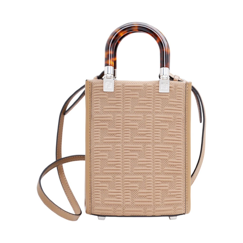 FENDI Mini All Over 3D Texture FF Logo Sunshine Shopper Bag in Sand Fabric x Leather with Tortoisesh