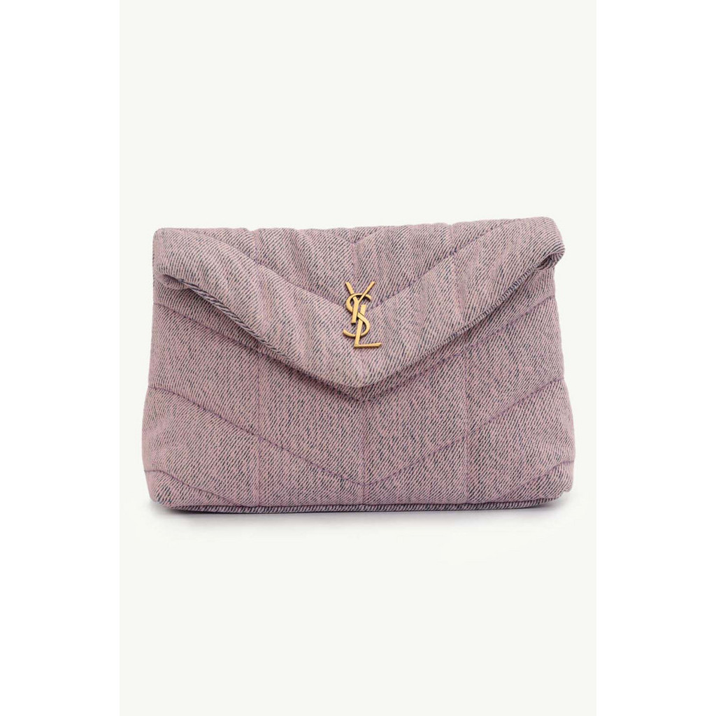 YVES SAINT LAURENT Small Puffer Envelope Pouch in Bleached Lilac Denim x Smooth Leather with Bronze 