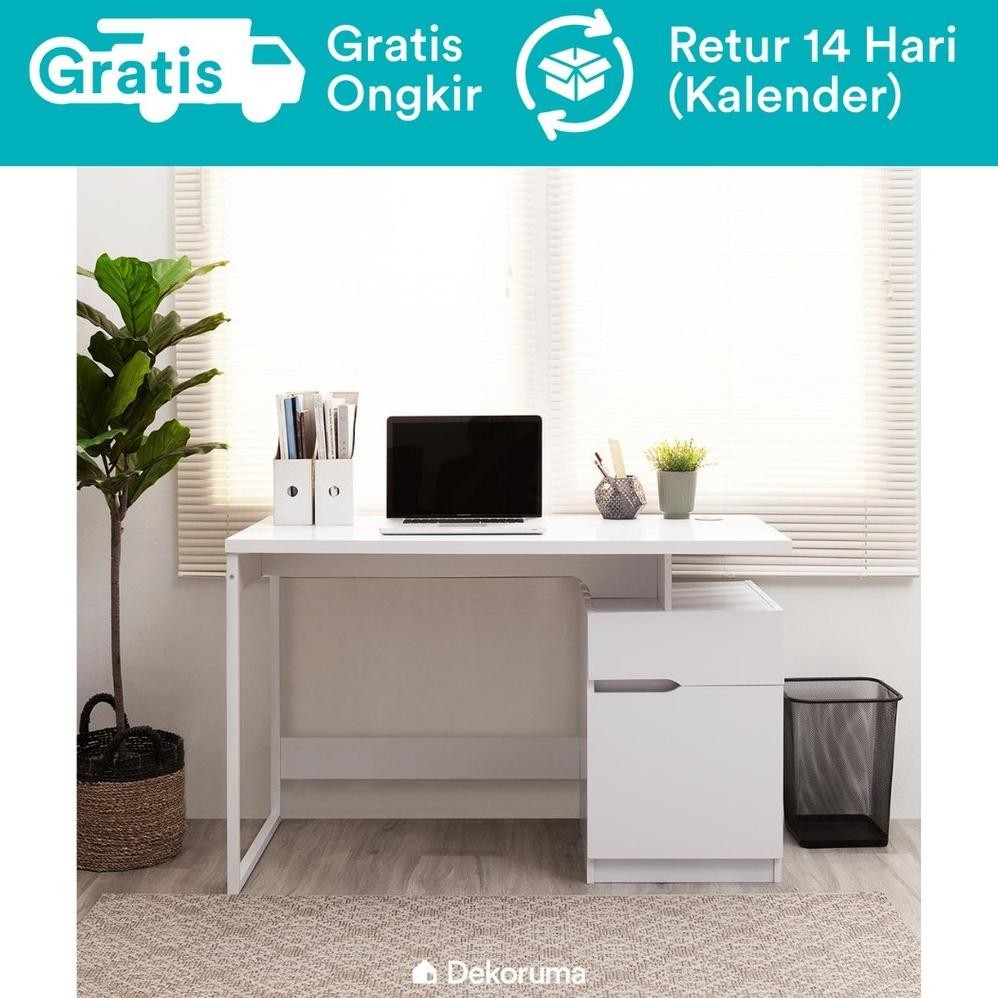 Lexa Desk Meja Belajar Minimalis Meja Kerja Putih dengan Lemari dan Laci Besi