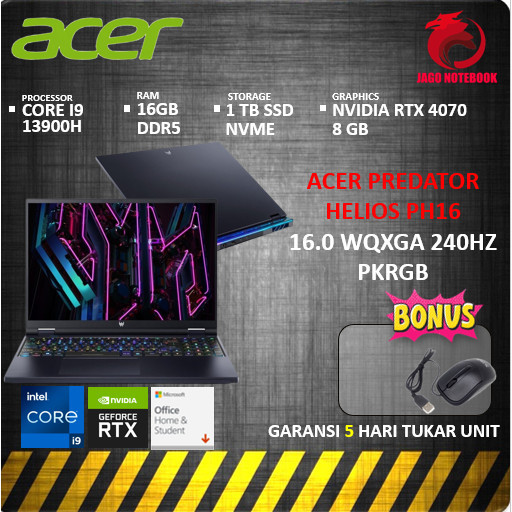 Acer Predator Helios Ph16 rtx4070 8Ggb I9 13900hx 16gb 1tbssd Win 116.0 Wqxga 240Hz 100DCIP3 Pkrgb