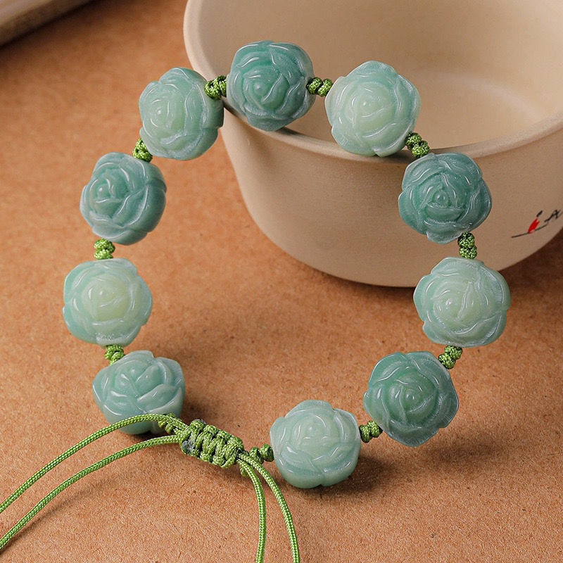 Camellia Bracelet White Jade Bodhi Carving Bracelet Wenwan Buddha Beads