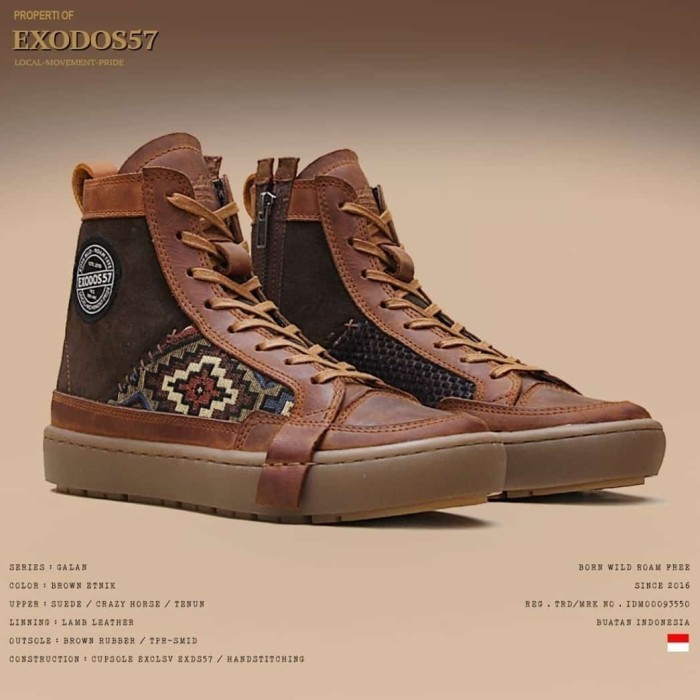 EXODOS57 GALAN BROWN ETNIK SEPATU SNEAKERS KULIT ASLI EXODOS