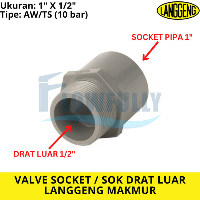 VALVE SOCKET DRAT LUAR 1/2 X 1 INCH LANGGENG SOK SOCK DRAT LUAR
