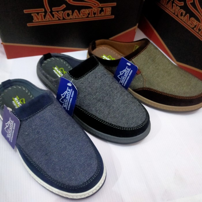 Sandal Sepatu Slop Pria Bahan Levis Mancastle Hitam Original