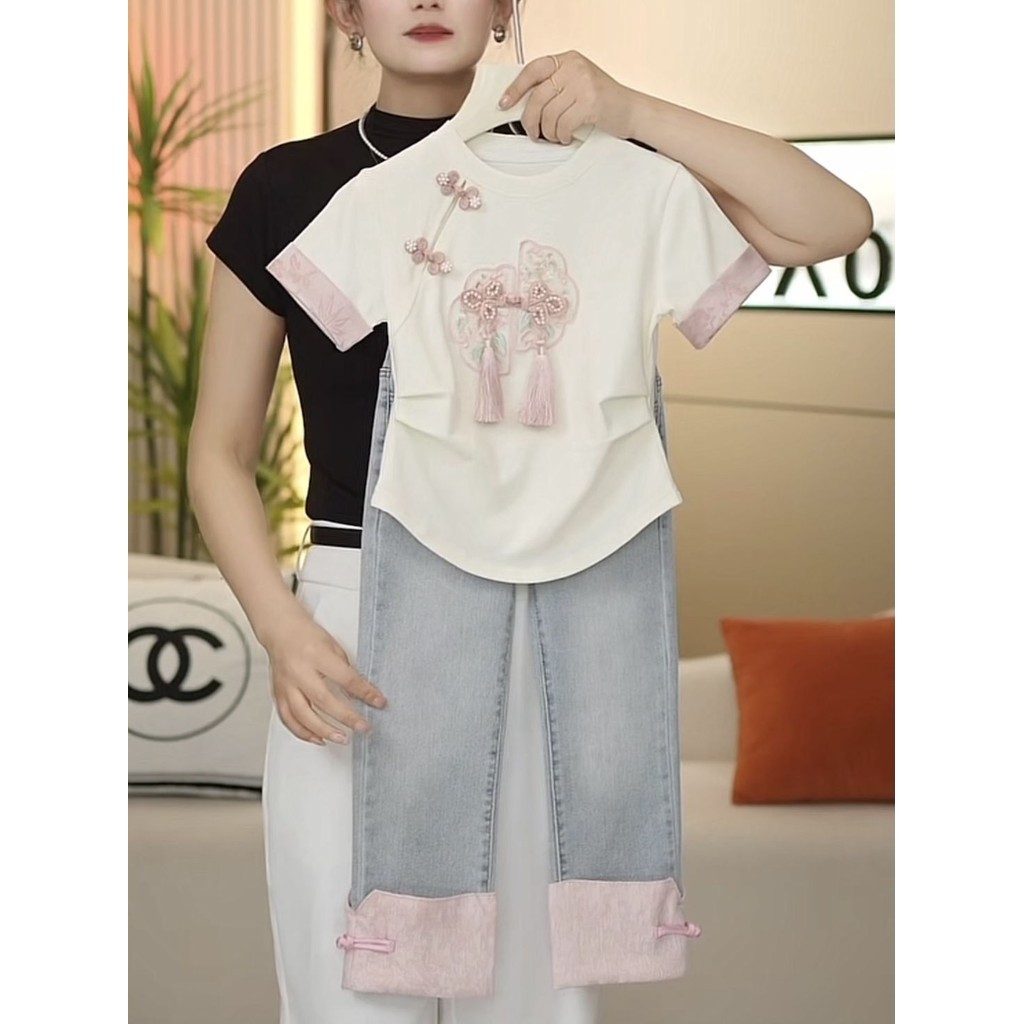 Girls' New Western Style New Chinese StyleTT-shirt+Jeans Suit