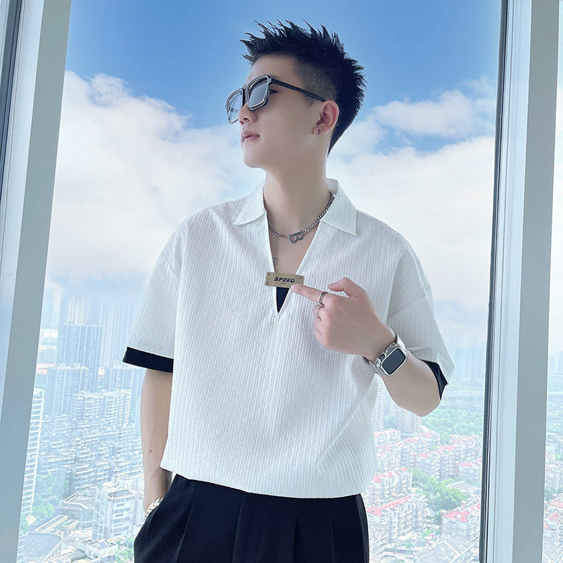 Merek Fashion Pria Musim Panas Palsu Dua PotongTT-shirt Musim Panas Lengan Pendek KerahPOLOBaju Pria