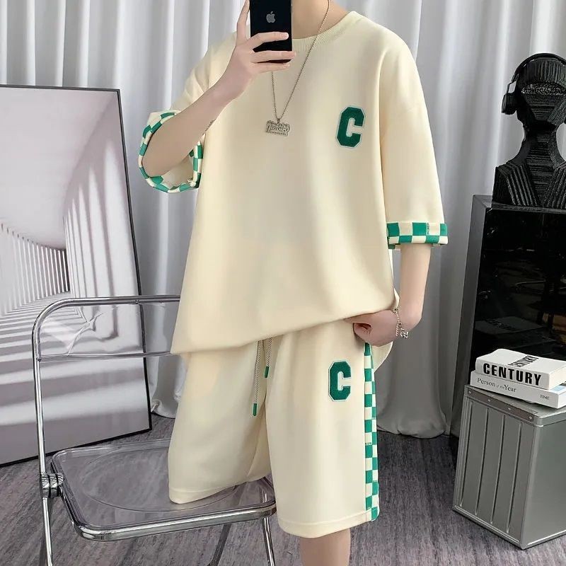 Setelan Papan Catur Pria, Pakaian Olahraga Kotak-kotak Lengan Pendek Berat Celana Pendek Musim Panas