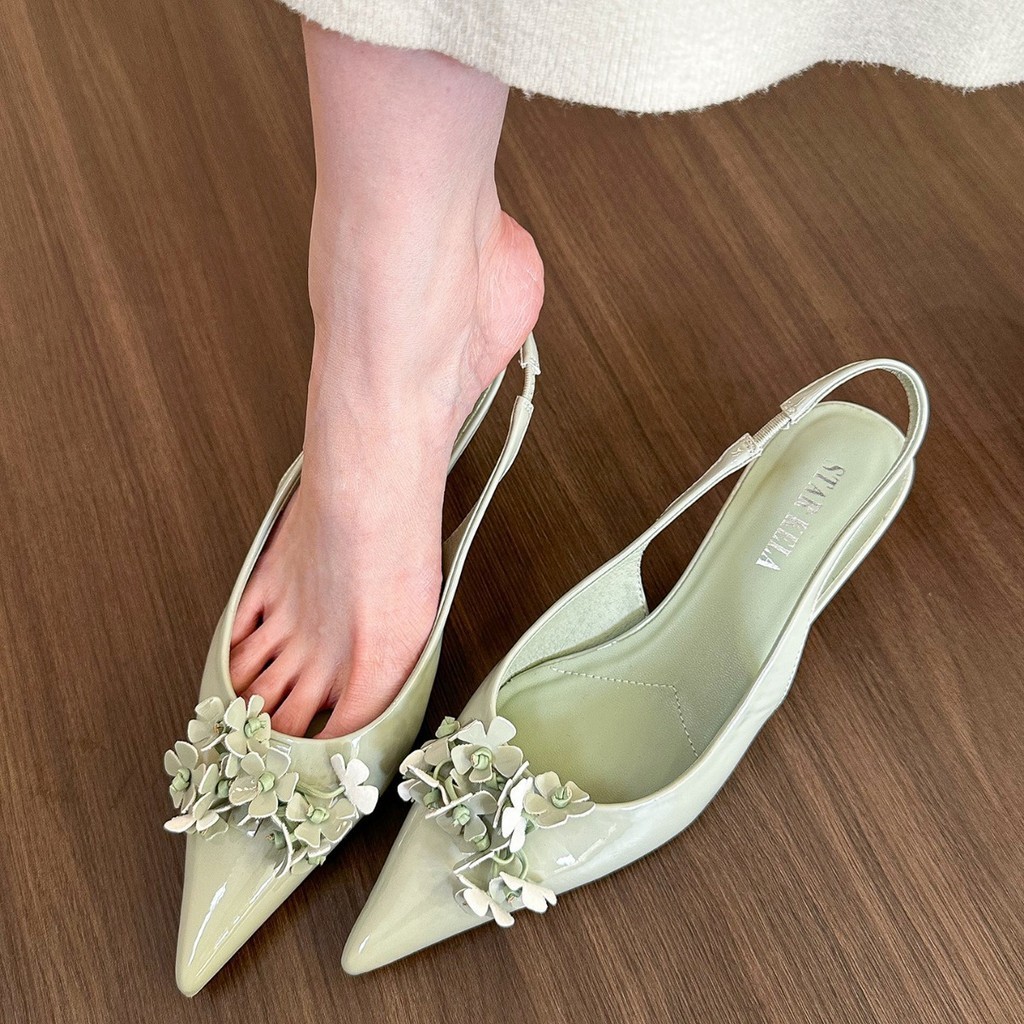 Light Green Pointed Flower Shallow Mouth Sandals Women's Spring and Summer Back Air Heel Shoes