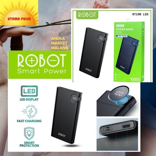 Robot Power Bank Rt190 Powerbank 10000Mah Dual Input Type C & Micro Led Display Garansi Original