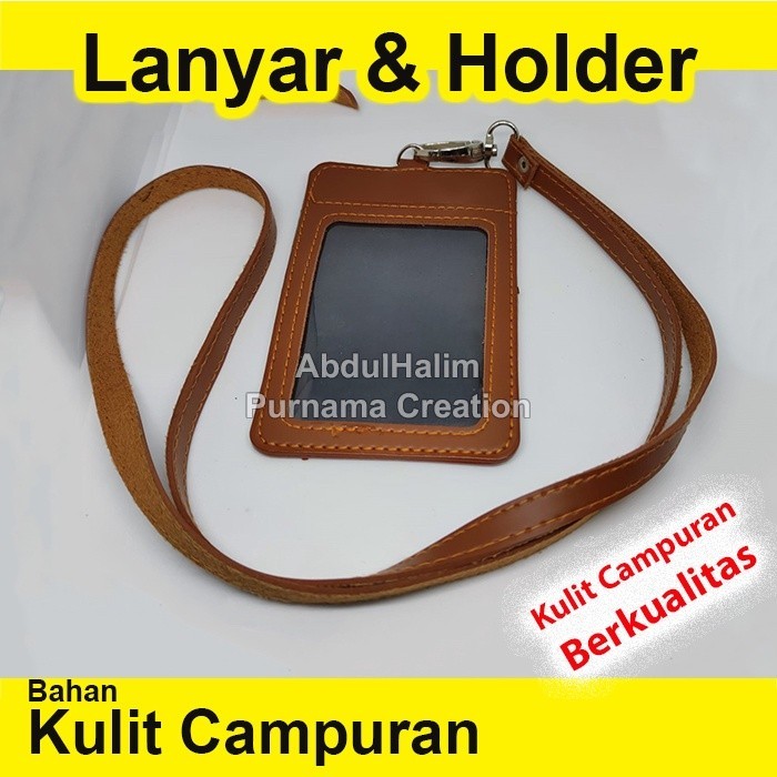 

name tag id card holder & lanyard set Kulit Coklat idcard 4 Slot