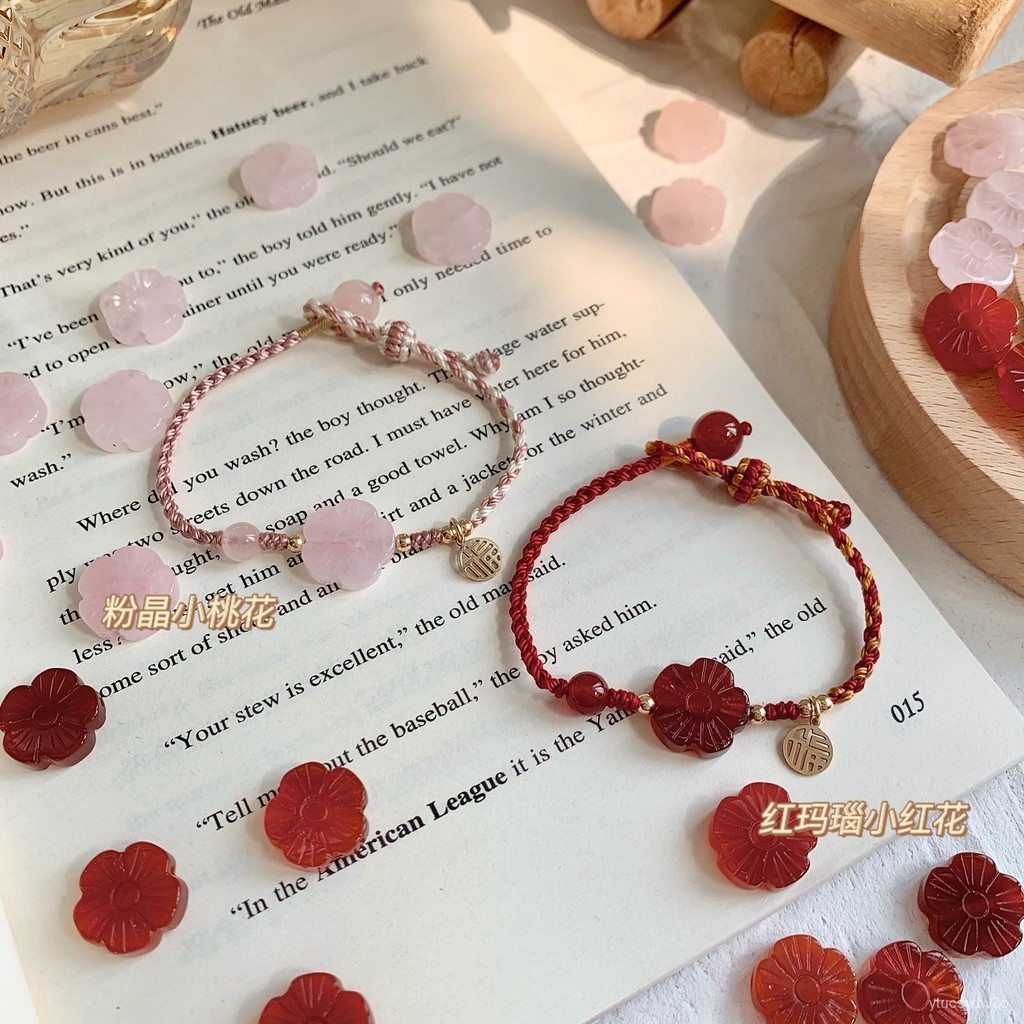 【Bunga Merah Kecil】Gelang Batu Akik Merah Alami Hadiah Pacar Wanita Gelang Anyaman Kristal Merah Mud