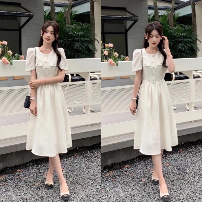 Duo Pocket Dress Midi White Putih Pink Korea Style Import Wanita Gaun Promo