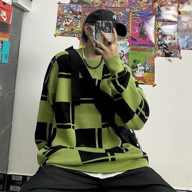 Korea SelatanINSPakaian Rajut Kotak-kotak Pria dan Wanita, Pakaian Rajut Kotak-kotak Hijau Retro, Sw