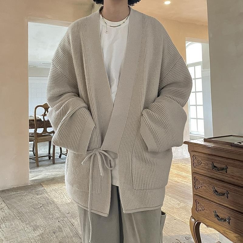 Kardigan Rajut Pria, Mantel Sweater Rajutan Jepang Retro untuk Pria Mantel Longgar Retro Gaya Korea,