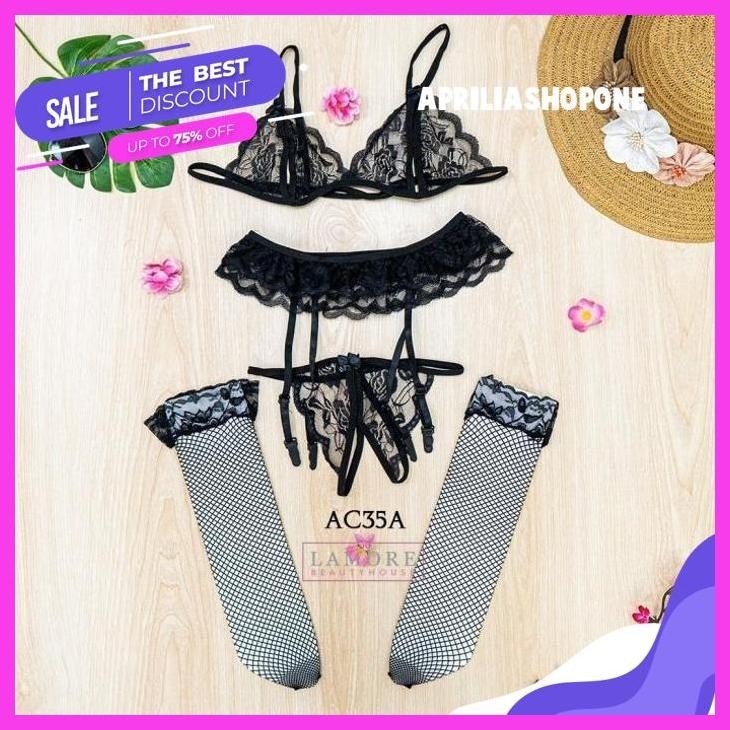 PRODUK PILIHAN BH CD SEKSI BRA WANITA + STOCKING + GARTER SABUK  MERAH ACB