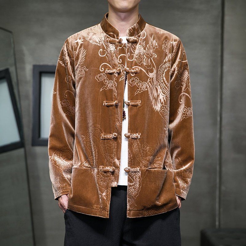 Jaket Bordir Pola Naga Korduroi Pria Gaya Cina Kostum Pria Tang Cina
