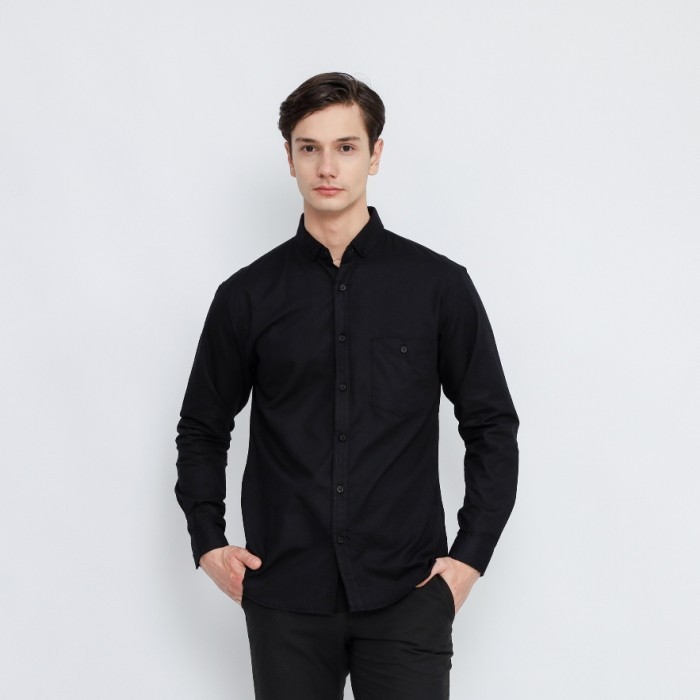 Kemeja Polos Flanel Lengan Panjang Pria Quality Warna Hitam