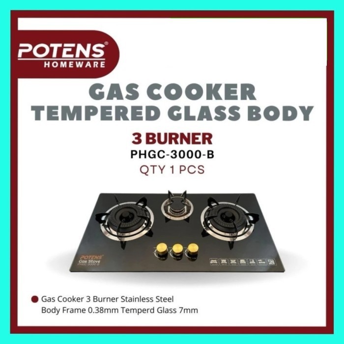 Potens Kompor Gas / Kompor Tanam / Kompor Kaca 3 Tungku 3000B